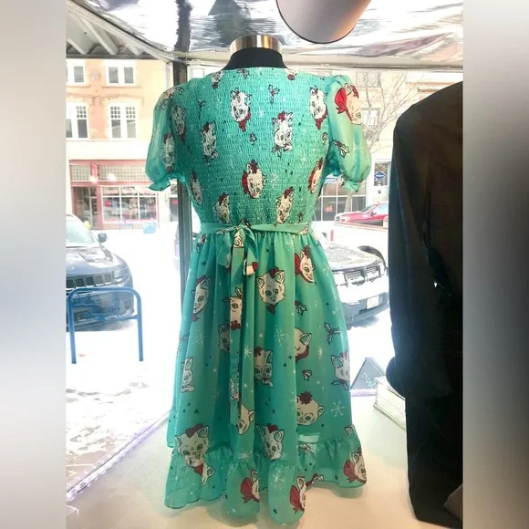 Sourpuss Christmas Kitties Women’s Cream Puff Dress Ice Blue New - Picture 6 of 11